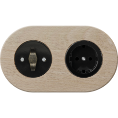 double frame - wooden beech - patinated BTA handle with black cover - black matt schuko single outlet